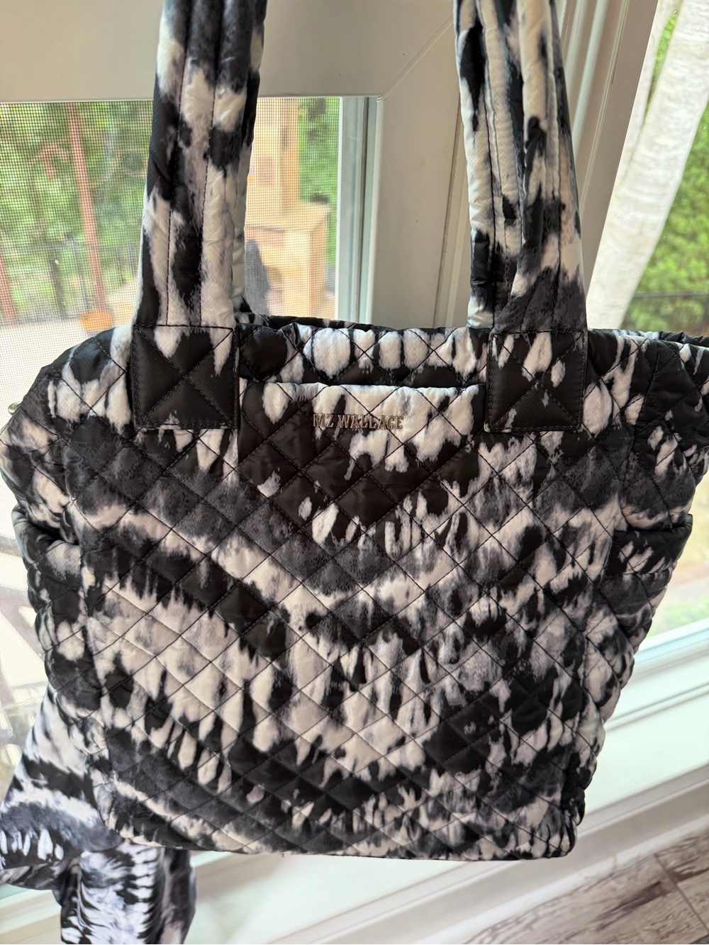 MZ Wallace Black and White Quilted Tie-Dye Crossbody Tote